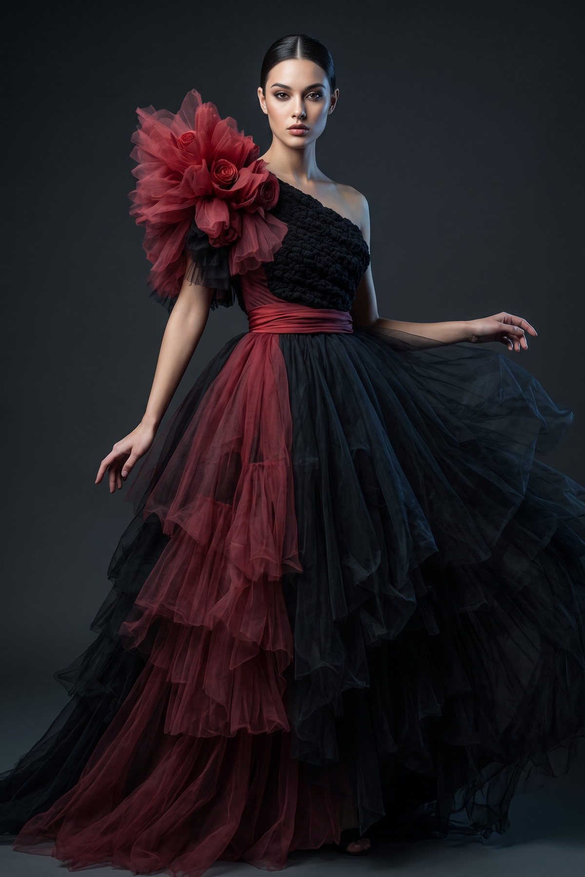 Vestido acampanado con hombros con volantes
