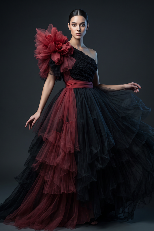 Ruffled Shoulder A-Line Gown