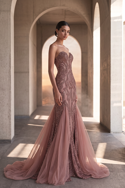 Vestido sin tirantes con godetes acampanados