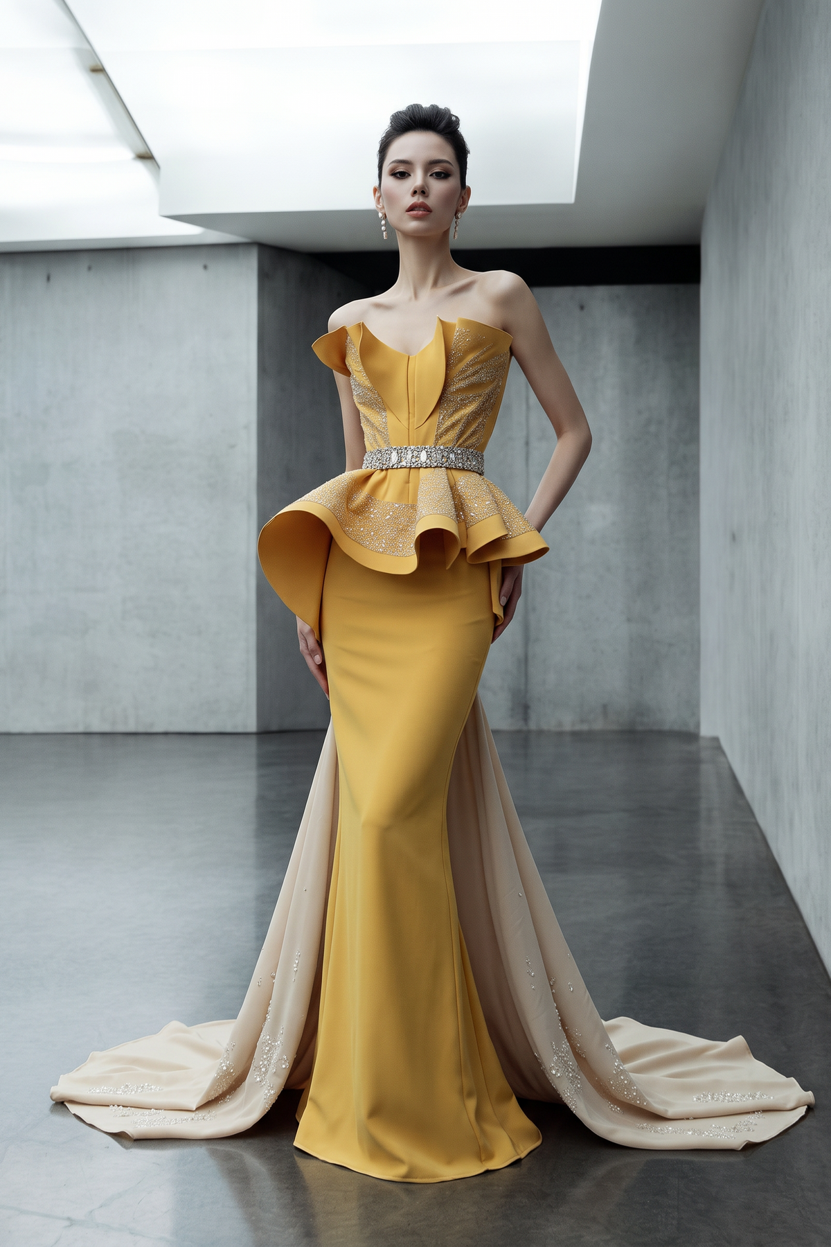 Ruffled Peplum Strapless Gown
