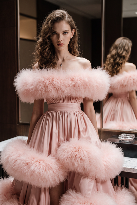 Vestido de gala asimétrico con plumas y sin tirantes