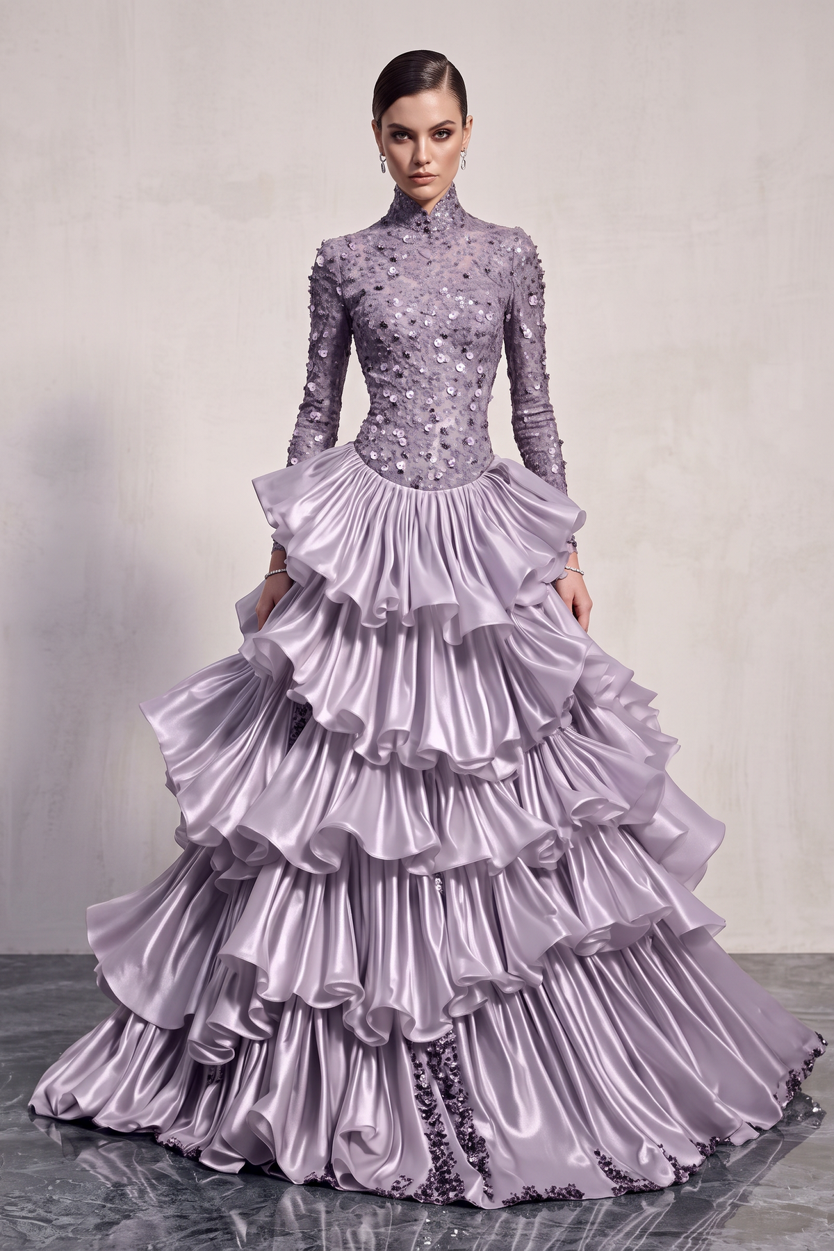 Vestido de gala escalonado de manga larga