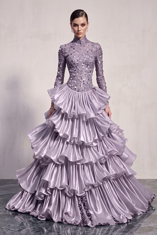 Vestido de gala escalonado de manga larga