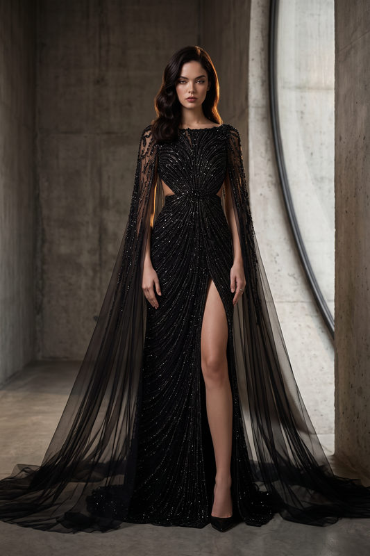 Vestido drapeado ilusión con escote de barco