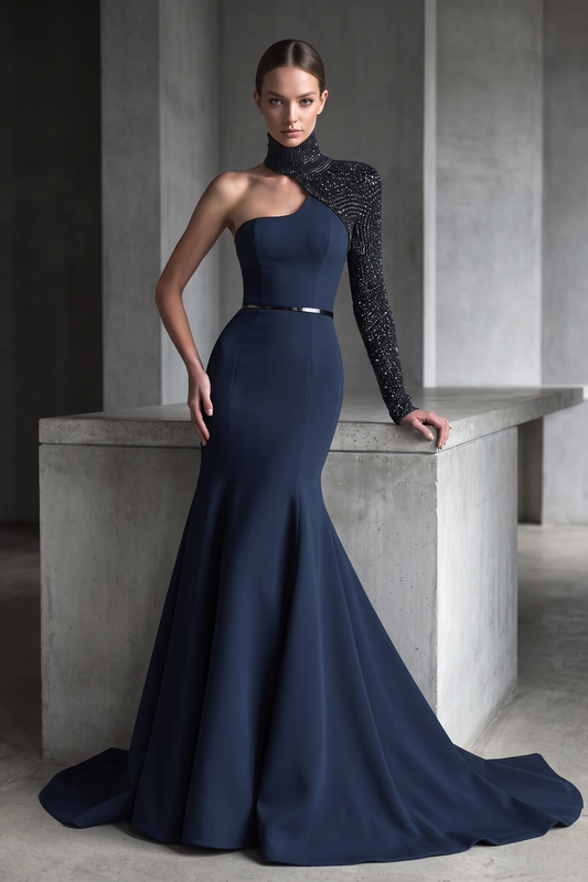 Vestido de Noche con Cuello Alto y Manga Única