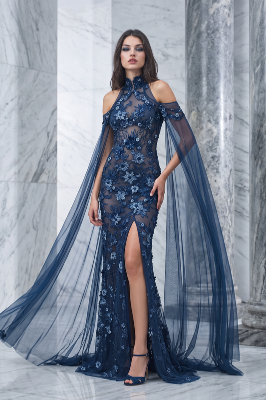 Vestido de noche con ilusión de escote al descubierto