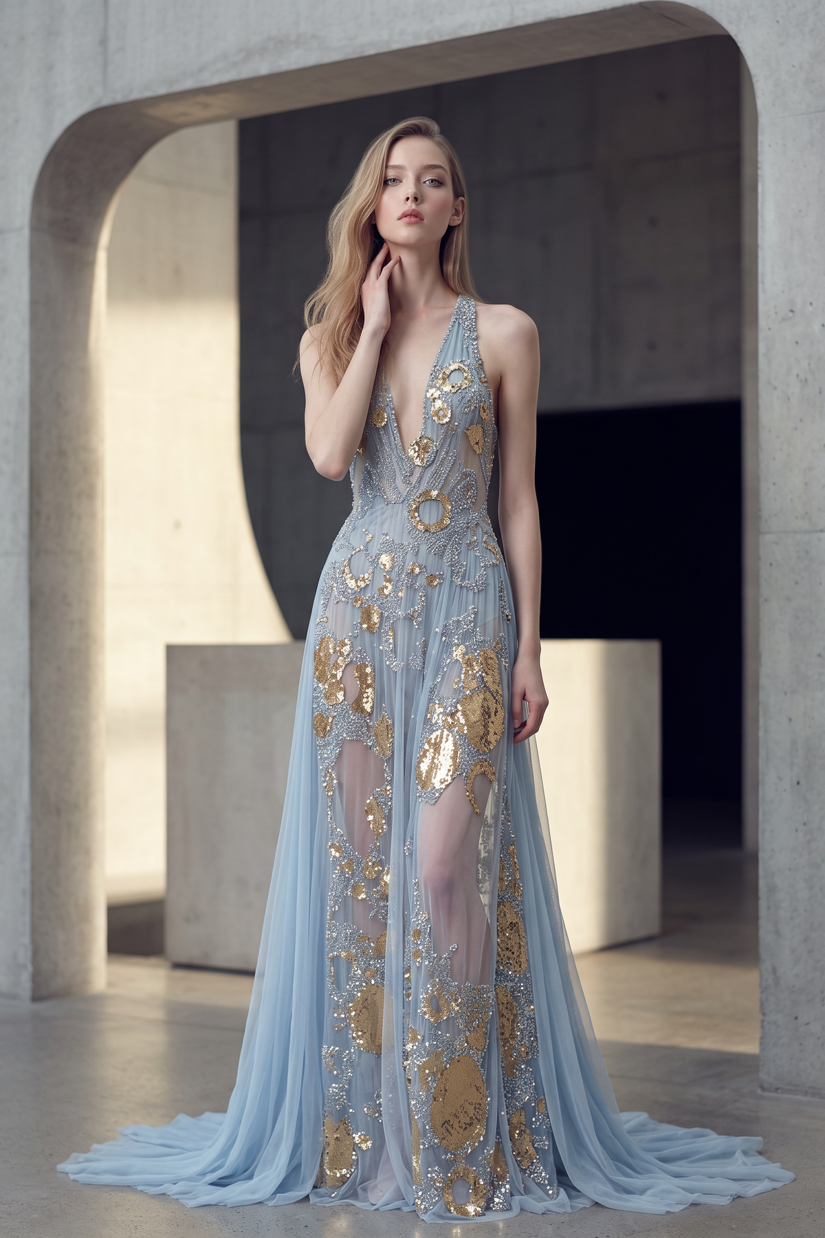 Plunging-Neck Embellished Gown