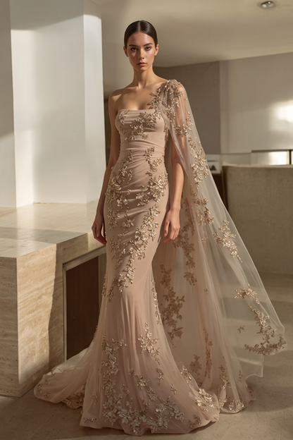 Single Shoulder Illusion Cape Gown