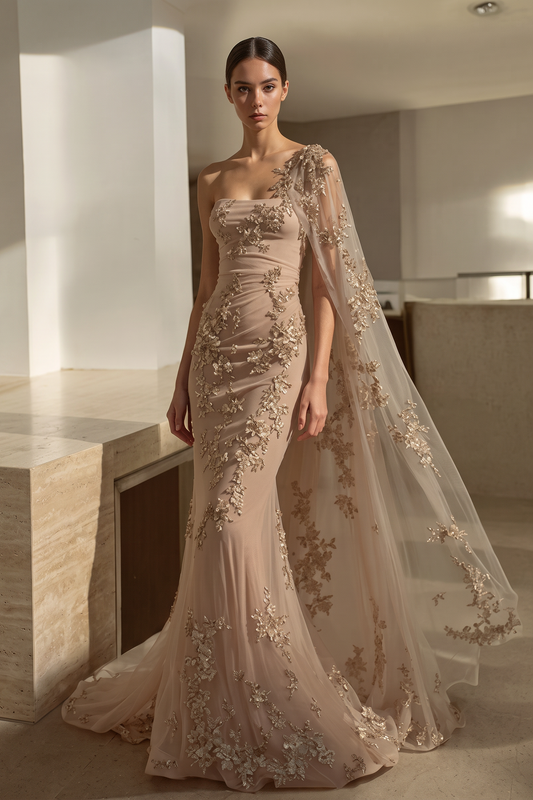 Vestido de gala con capa de ilusión de un solo hombro