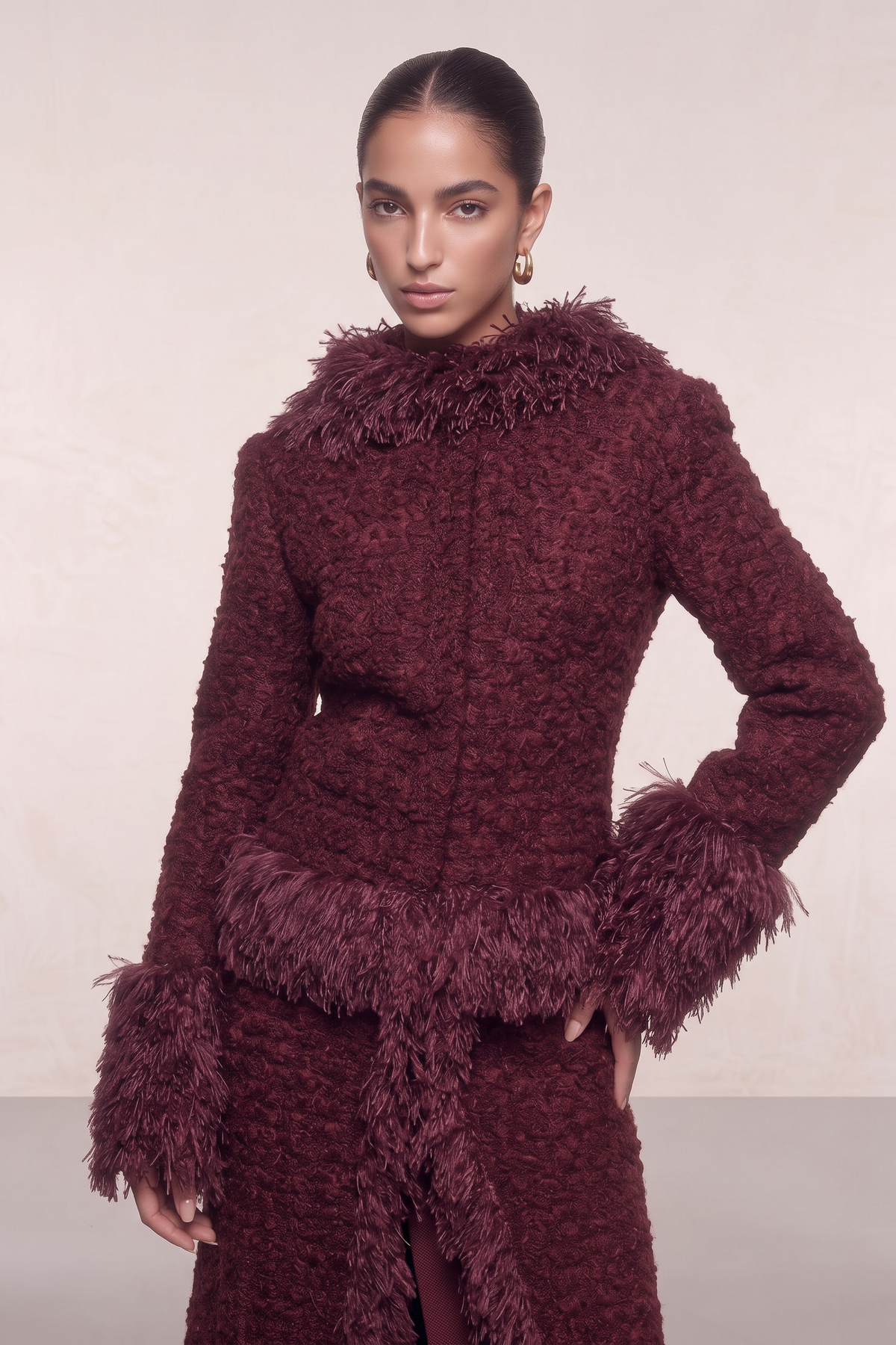 Feather-Trim Bouclé Two-Piece Dress