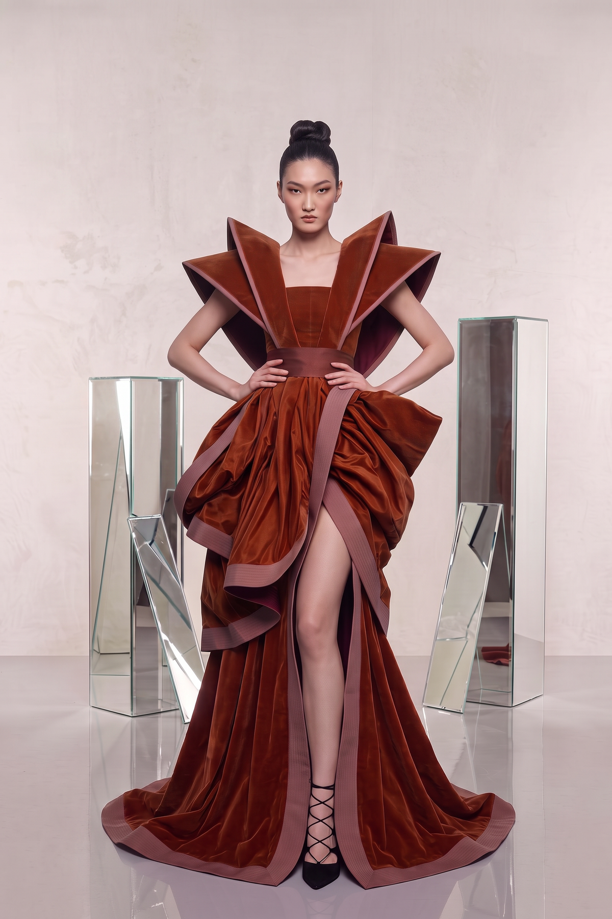 Sculpted Shoulder Velvet Gown