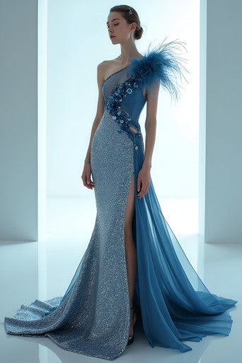 Feathered One-Shoulder Gown
