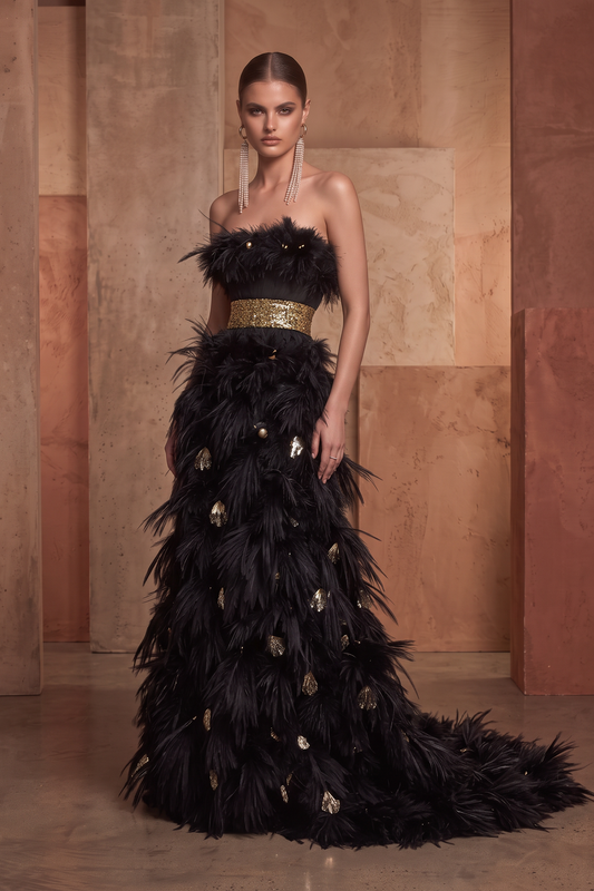 Vestido sin tirantes de plumas enteras