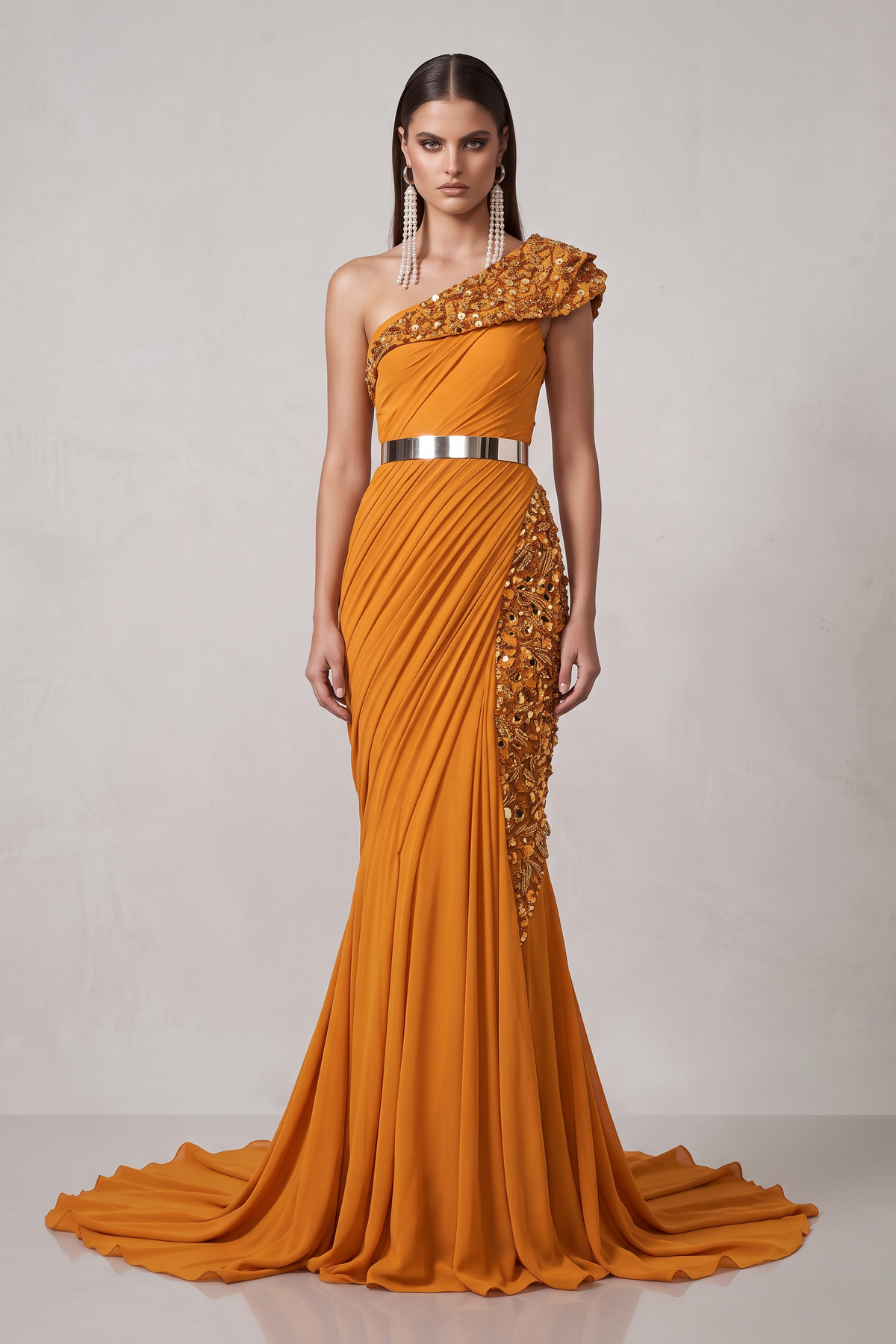 Vestido de noche con hombros adornados