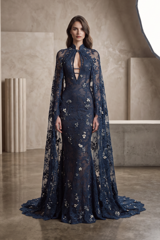Vestido de noche con ilusión de manga y ojo de cerradura