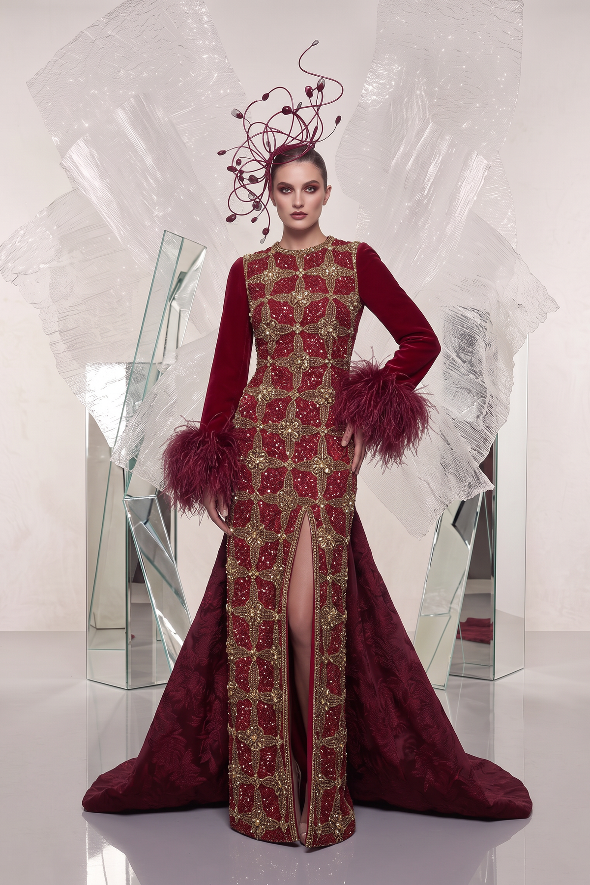 Feather-Cuff Embroidered Gown