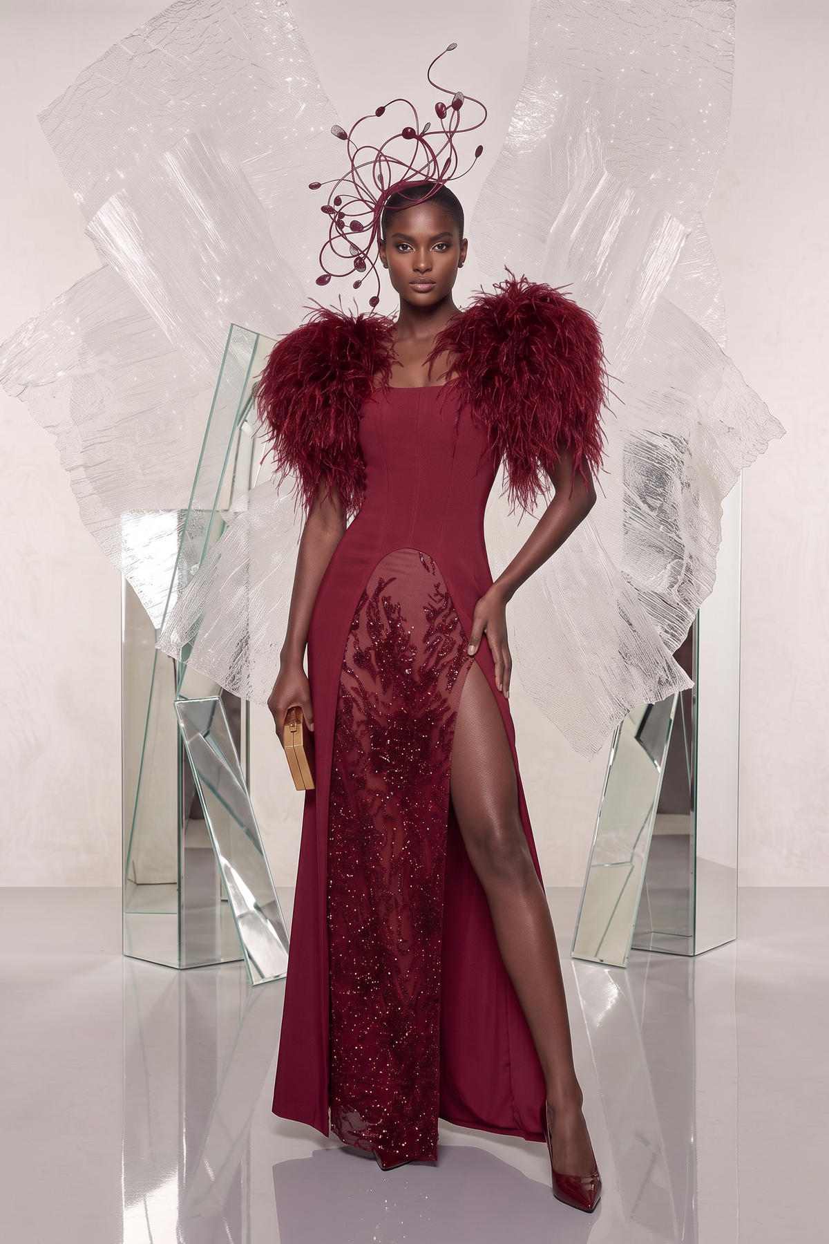 Feather-Shoulder Square-Neck Gown
