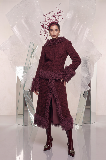 Feather-Trim Bouclé Two-Piece Dress