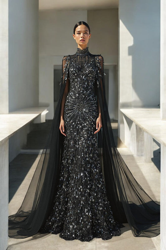 Vestido con ilusión de mangas drapeadas