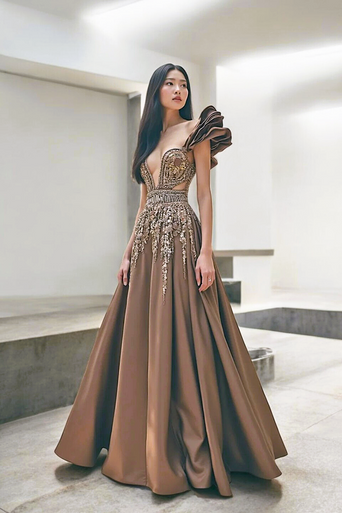Ruffle Shoulder Plunged Bodice Gown