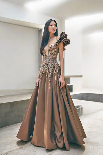 Ruffle Shoulder Plunged Bodice Gown