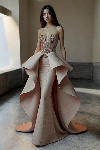 Strapless Sleeveless Beaded Gown