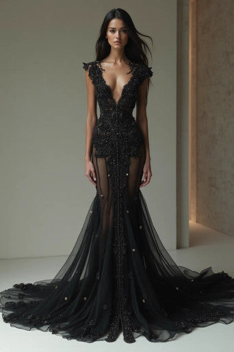 Sleeveless Deep-V Neck Gown