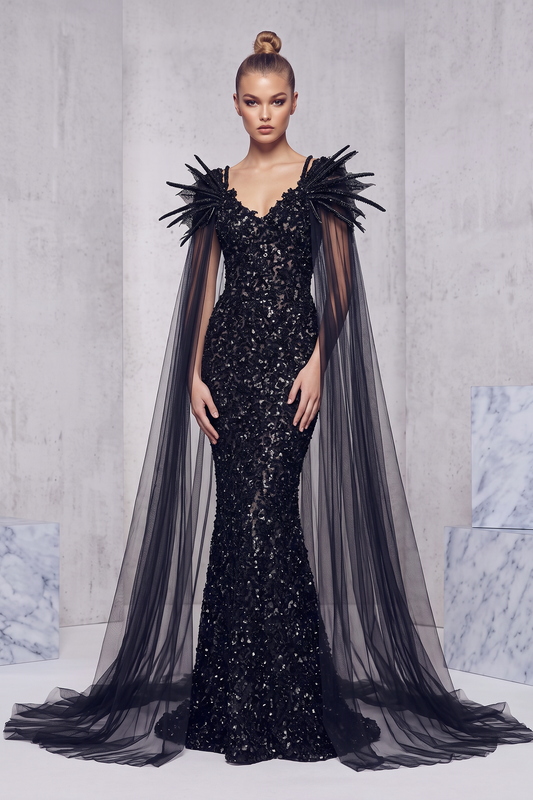 Vestido de noche con capa y adornos