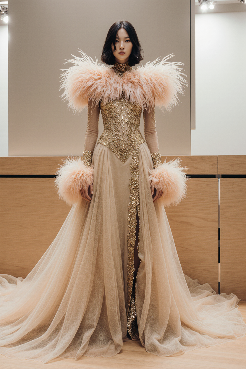 High Neck Feathered Gown