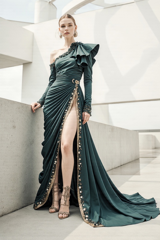 Asymmetrical Flounce Shoulder Gown