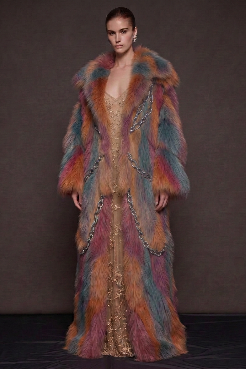 Multi Chained Faux Fur Coat