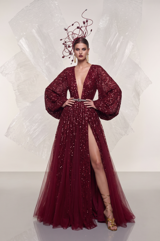 Plunging Sequin Tulle Gown