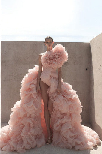 Fully-Ruffled High-Low Gown